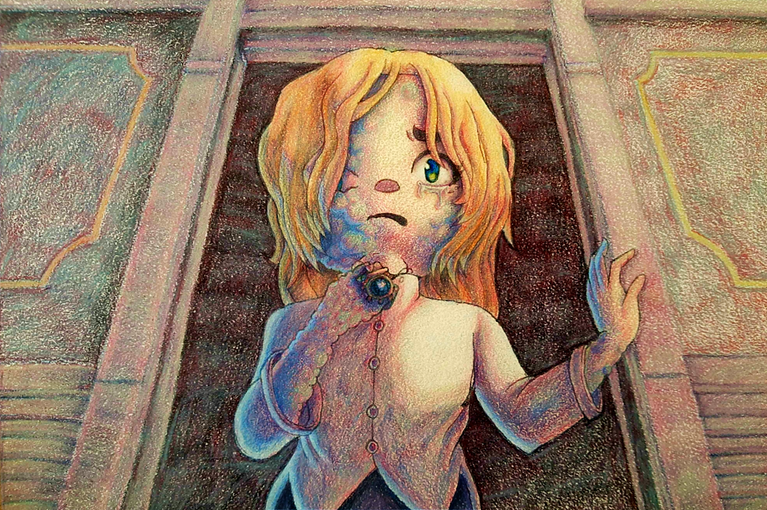 Romeo, a blond young man, stands in a darkened doorway clutching a necklace. Boils cover the left half of his body. He is crying.